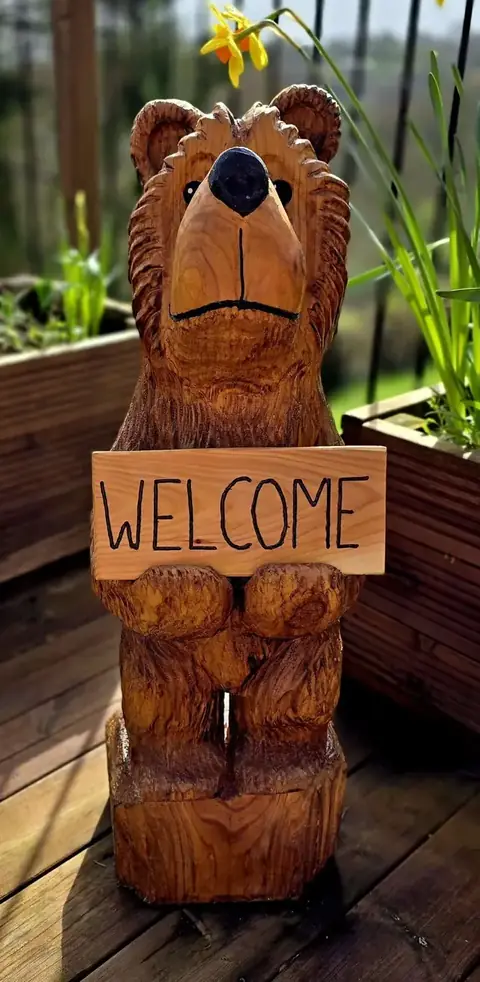 Beau the Welcome Bear, hand carved bear carving