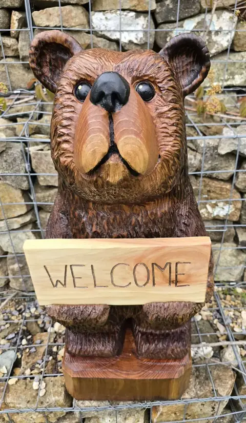 Bertie the Welcome Bear, hand carved bear carving