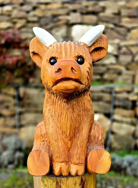 Daisy the baby Highland Cow, hand carved highland cow carving